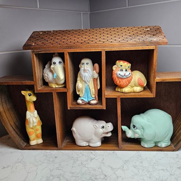 Vintage 1990 HOL House of Lloyd Noah’s Ark 6 Ceramic Figures w/ Wooden Ark BOX - Picture 2 of 7